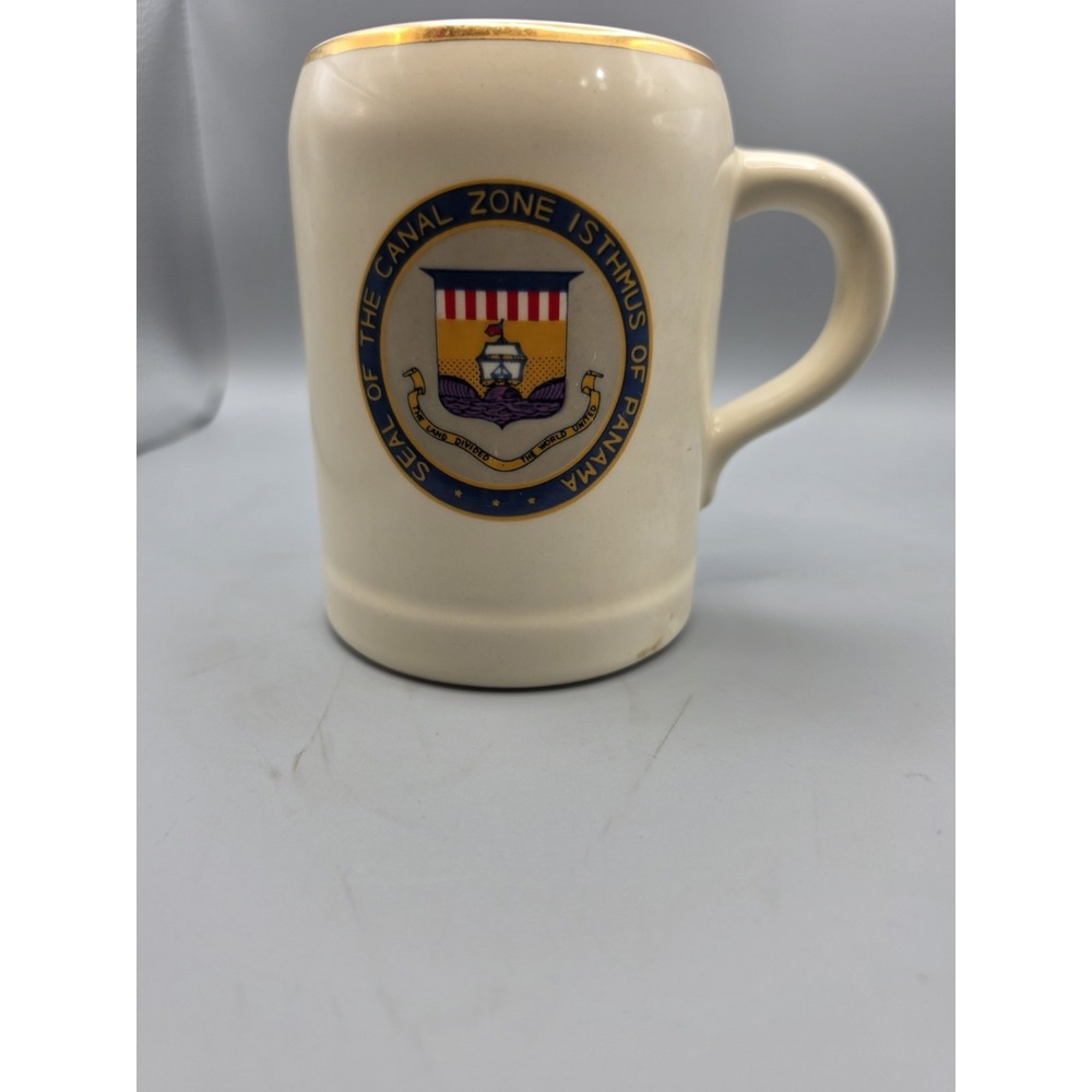 Vintage Atco Panama Canal Zone Isthmus of Panama Seal Ceramic Mug Gold Trim